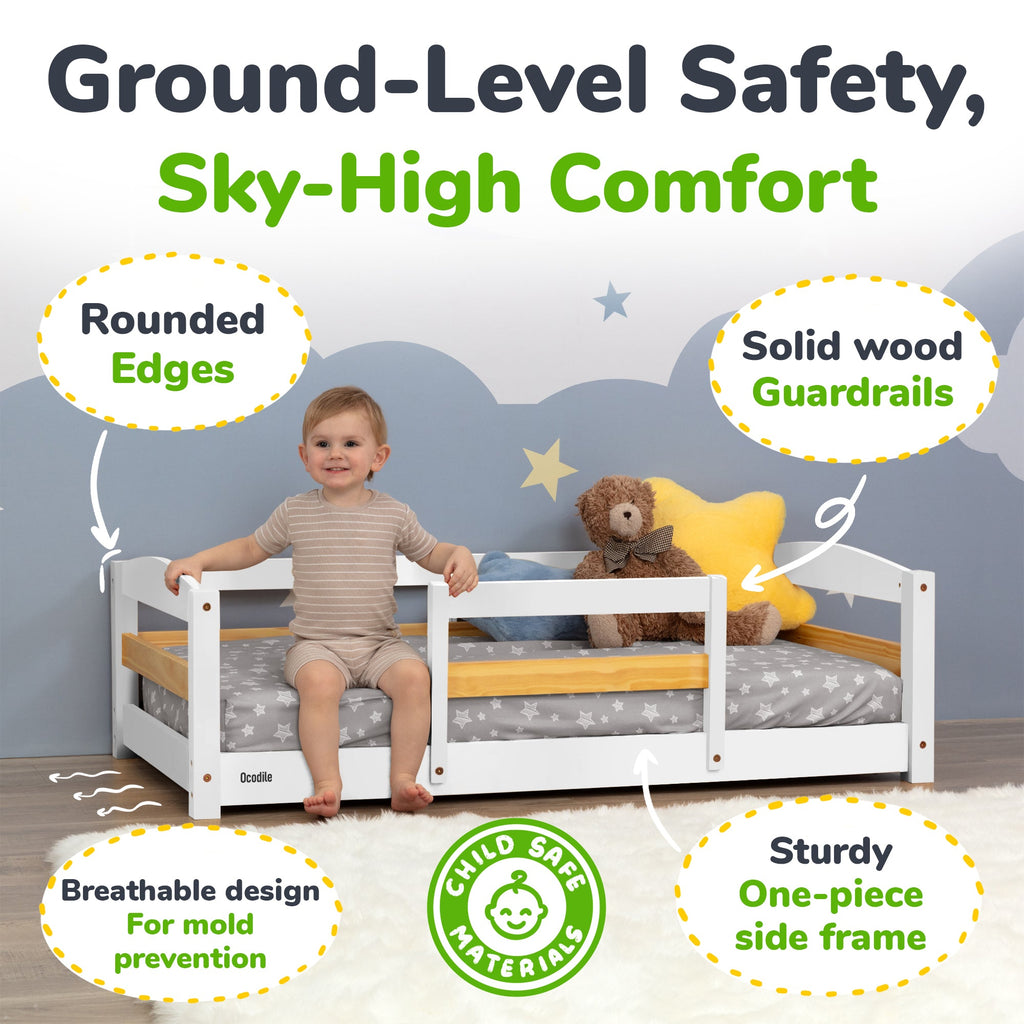 Kids Wooden Floor Bed with Safety Rails