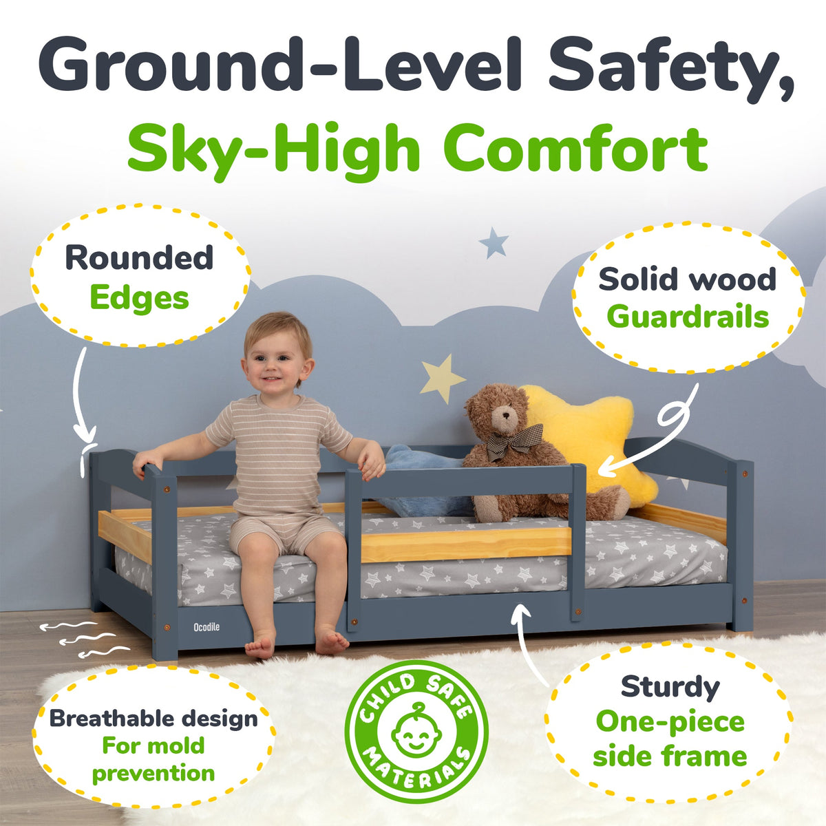 Kids Wooden Floor Bed with Safety Rails