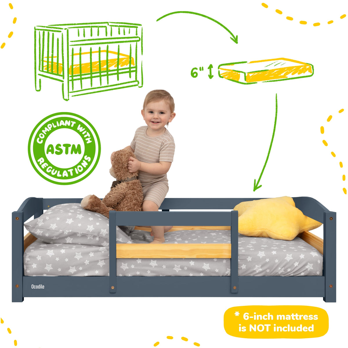 Kids Wooden Floor Bed with Safety Rails