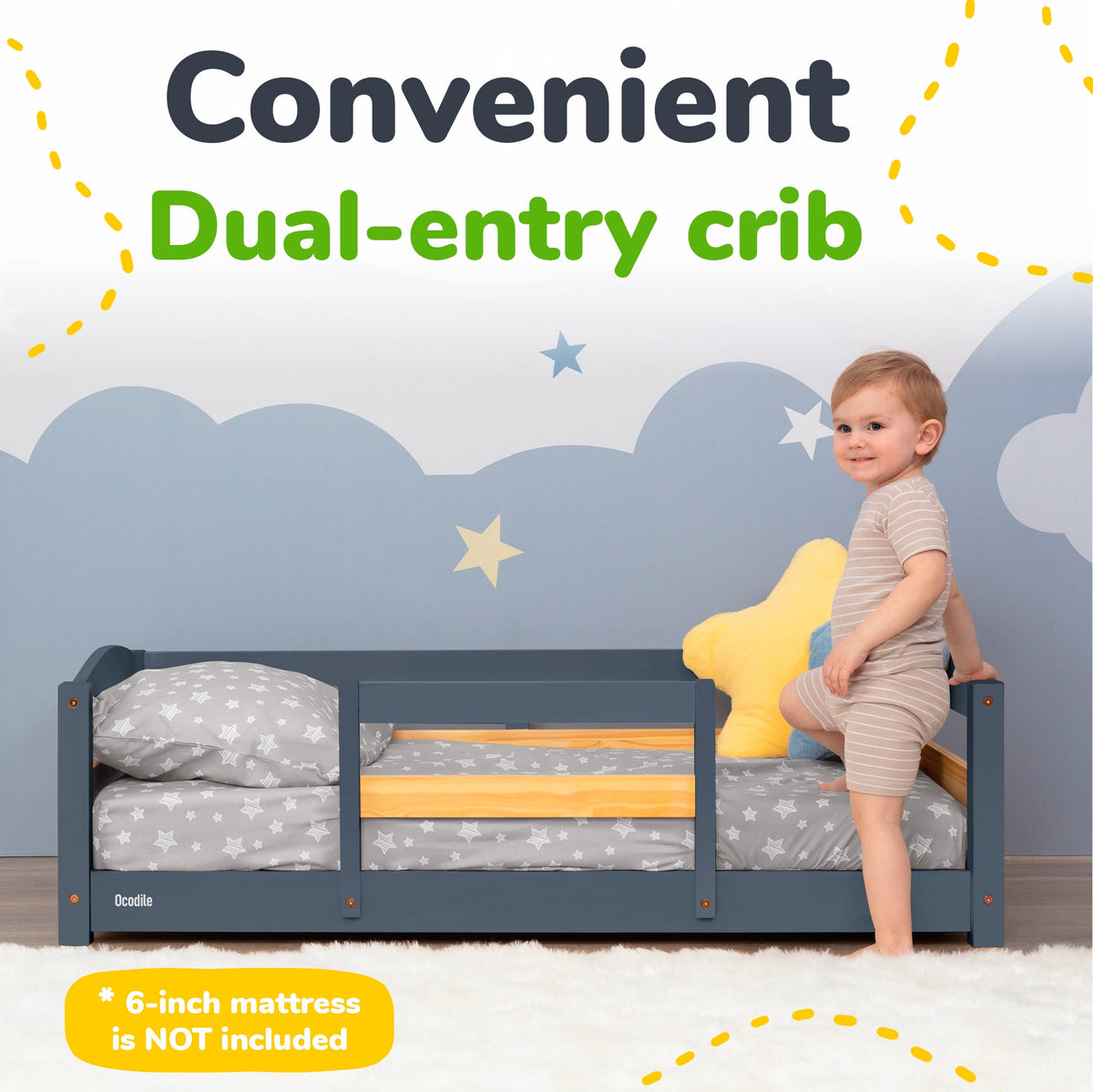 Kids Wooden Floor Bed with Safety Rails