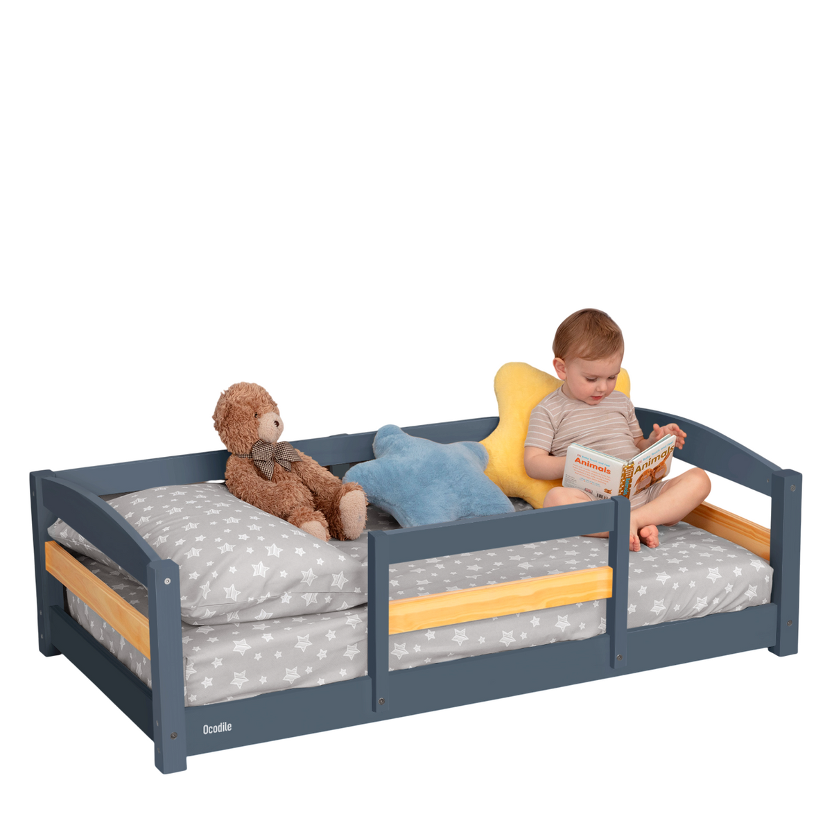 Kids Wooden Floor Bed with Safety Rails