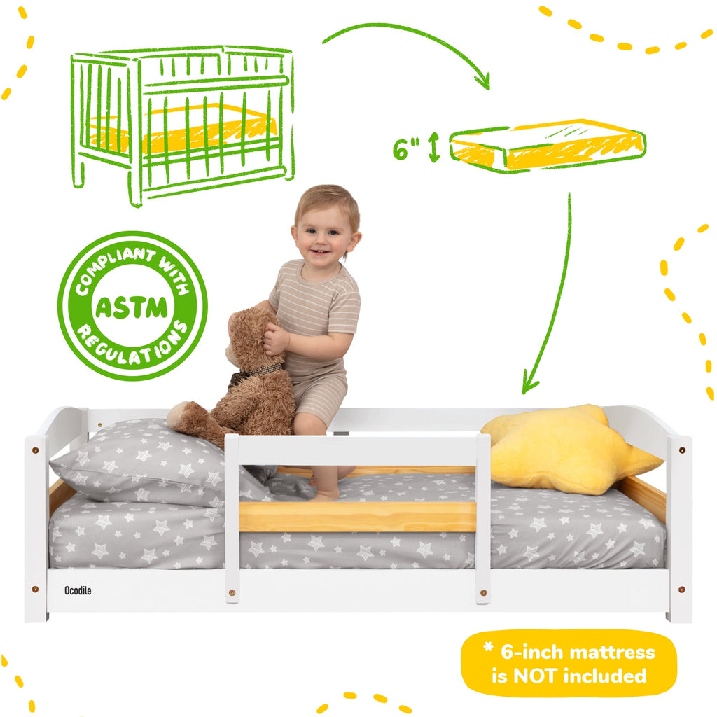 Kids Wooden Floor Bed with Safety Rails