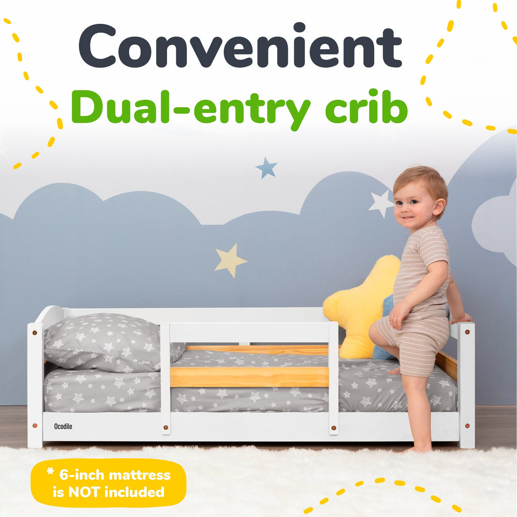 Kids Wooden Floor Bed with Safety Rails