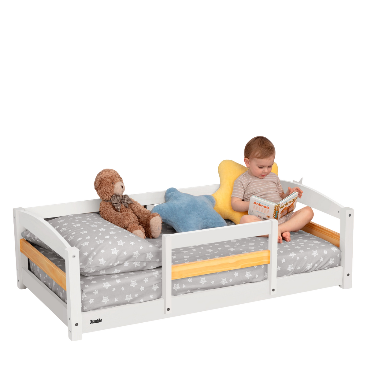 Kids Wooden Floor Bed with Safety Rails