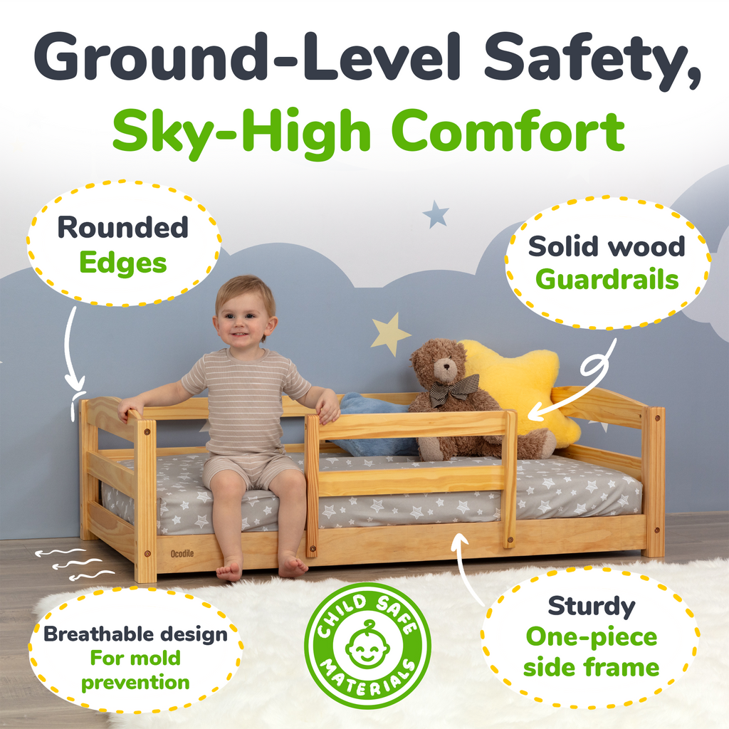 Kids Wooden Floor Bed with Safety Rails