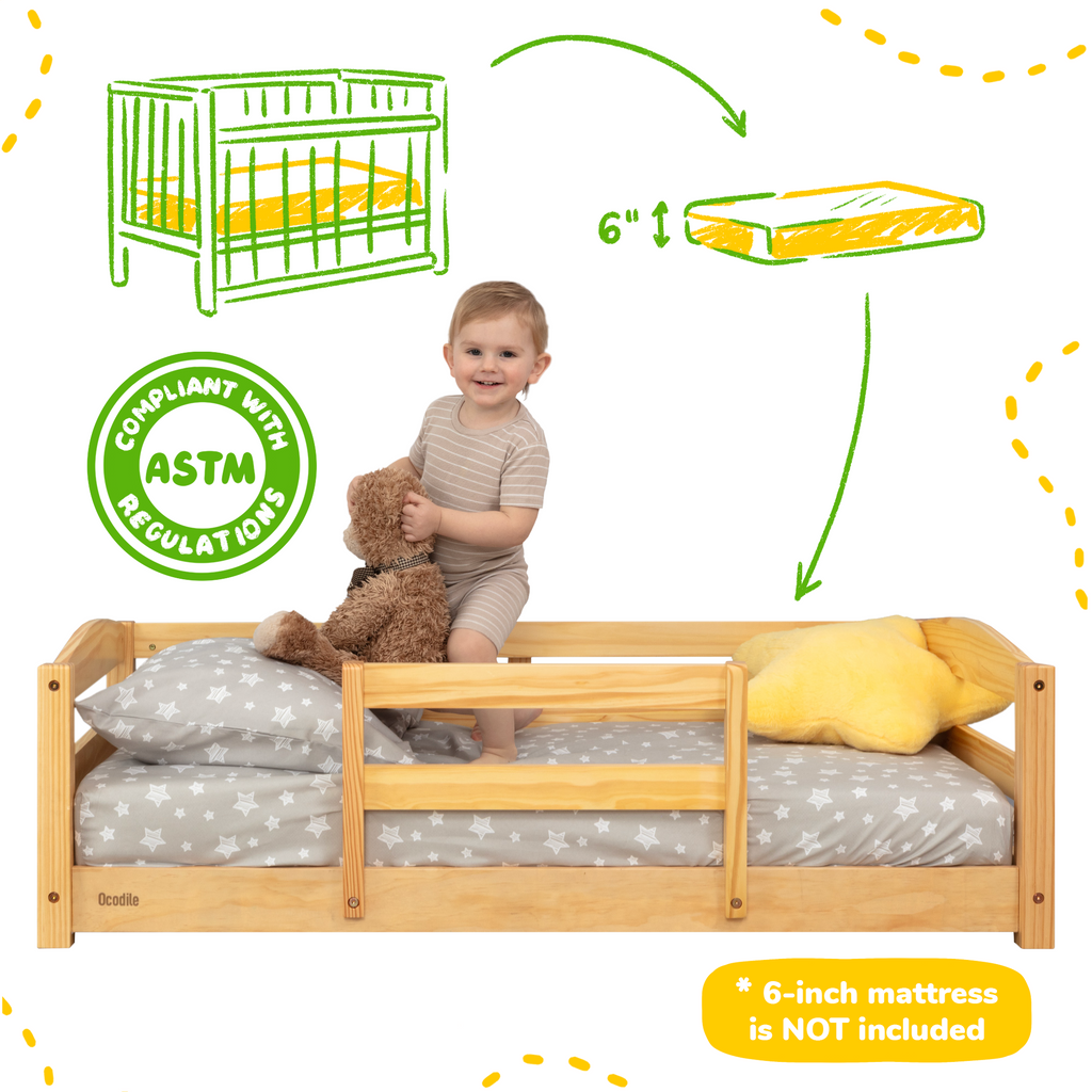 Kids Wooden Floor Bed with Safety Rails