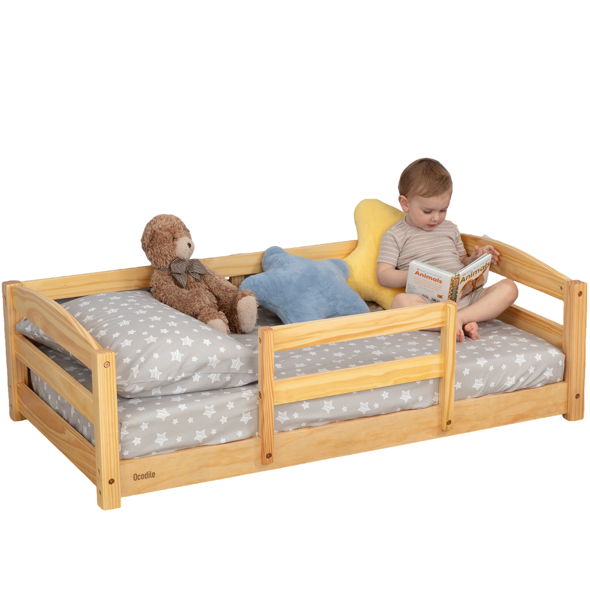 Kids Wooden Floor Bed with Safety Rails